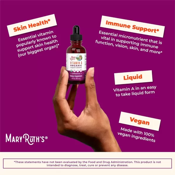 imageMaryRuth Organics USDA Organic Vitamin A Liquid Drops  3 Month Supply  Immune Support Eye Health Skin Health for Ages 14  750mcg per Serving  Sugar Free  Vegan  NonGMO  Gluten Free  1ozUnflavored