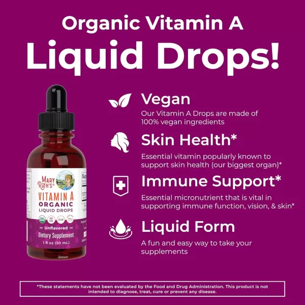 imageMaryRuth Organics USDA Organic Vitamin A Liquid Drops  3 Month Supply  Immune Support Eye Health Skin Health for Ages 14  750mcg per Serving  Sugar Free  Vegan  NonGMO  Gluten Free  1ozUnflavored