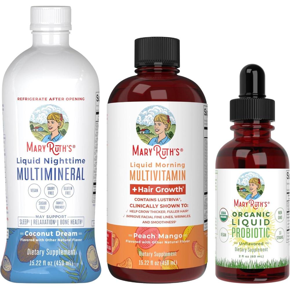 imageMaryRuths Morning Multivitamin Hair Growth Peach Mango 15oz Nighttime Multimineral Coconut 15oz ampamp Probiotic Drops 2oz  Vegan Vitamins for Beauty Bedtime ampamp Wellness  NonGMO