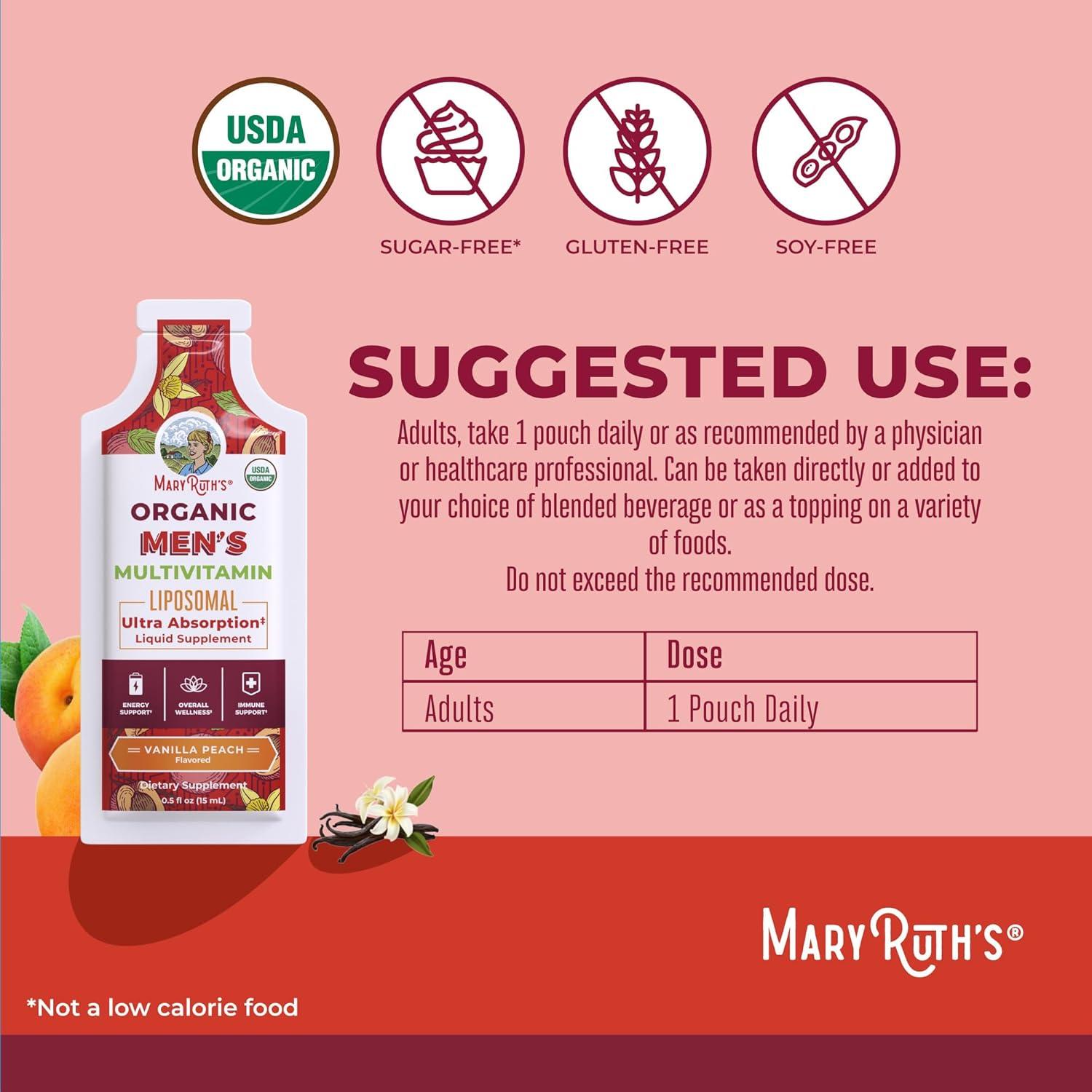 imageMaryRuth Organics Multivitamin for Men  USDA Organic  Sugar Free Mens Multivitamin Liposomal  Liquid Vitamins for Men  Immune Support Supplement ampamp Overall Wellness  Vegan  1405 Fl Oz Pouches