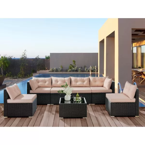 Allewie Patio Furniture Set 7 Pieces Outdoor Furniture with Seat Cushions and Tempered Glass Coffee Table Wicker Patio Conversation Sets for Backyard Porch Balcony Poolside Khaki ampamp Black