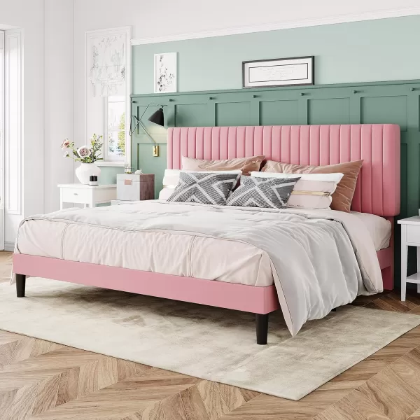 Allewie Queen Bed Frame Velvet Upholstered Platform Bed with Adjustable Vertical Channel Tufted Headboard Mattress Foundation with Strong Wooden Slats Box Spring Optional Easy Assembly GreyPink