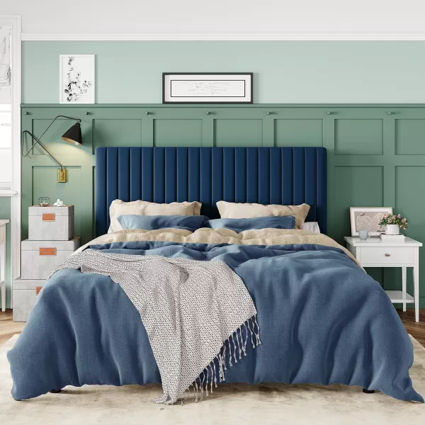 Allewie Queen Bed Frame Velvet Upholstered Platform Bed with Adjustable Vertical Channel Tufted Headboard Mattress Foundation with Strong Wooden Slats Box Spring Optional Easy Assembly GreyNavy Blue