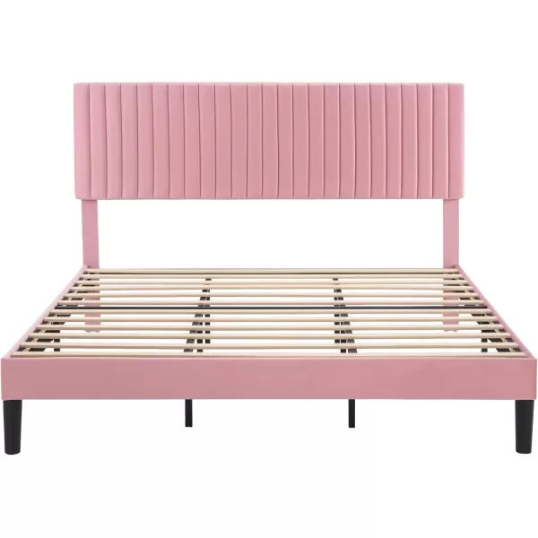 Allewie Queen Bed Frame Velvet Upholstered Platform Bed with Adjustable Vertical Channel Tufted Headboard Mattress Foundation with Strong Wooden Slats Box Spring Optional Easy Assembly GreyPink