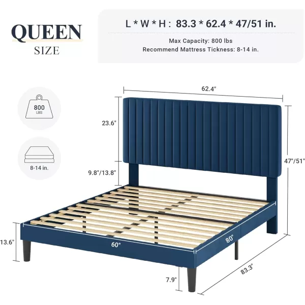 Allewie Queen Bed Frame Velvet Upholstered Platform Bed with Adjustable Vertical Channel Tufted Headboard Mattress Foundation with Strong Wooden Slats Box Spring Optional Easy Assembly GreyNavy Blue