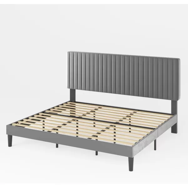 Allewie Queen Bed Frame Velvet Upholstered Platform Bed with Adjustable Vertical Channel Tufted Headboard Mattress Foundation with Strong Wooden Slats Box Spring Optional Easy Assembly GreyGrey