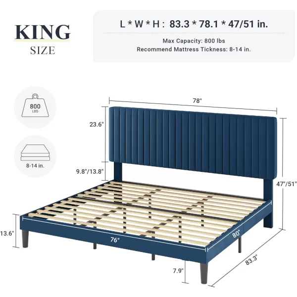 Allewie Queen Bed Frame Velvet Upholstered Platform Bed with Adjustable Vertical Channel Tufted Headboard Mattress Foundation with Strong Wooden Slats Box Spring Optional Easy Assembly GreyNavy Blue