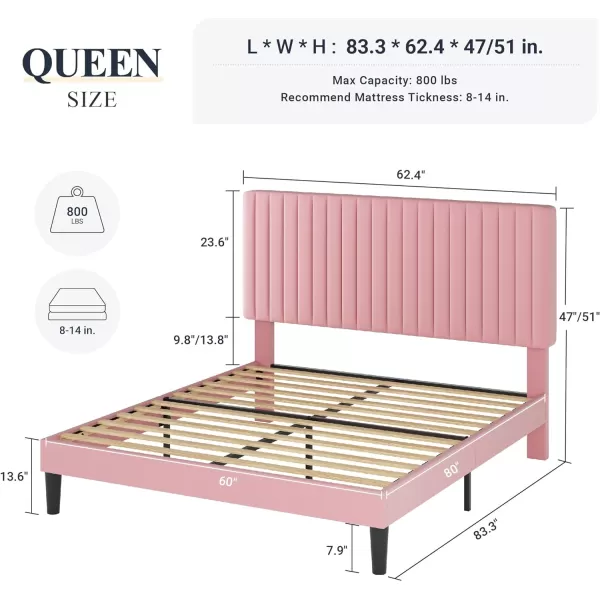 Allewie Queen Bed Frame Velvet Upholstered Platform Bed with Adjustable Vertical Channel Tufted Headboard Mattress Foundation with Strong Wooden Slats Box Spring Optional Easy Assembly GreyPink