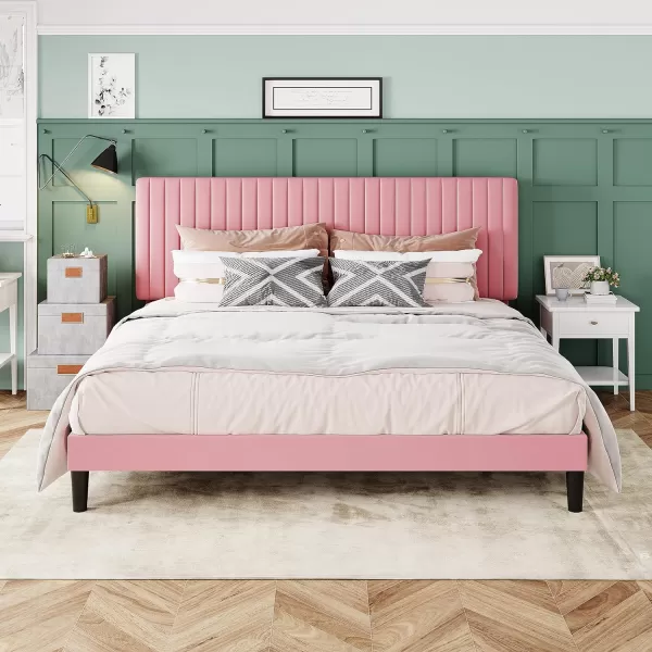 Allewie Queen Bed Frame Velvet Upholstered Platform Bed with Adjustable Vertical Channel Tufted Headboard Mattress Foundation with Strong Wooden Slats Box Spring Optional Easy Assembly GreyPink