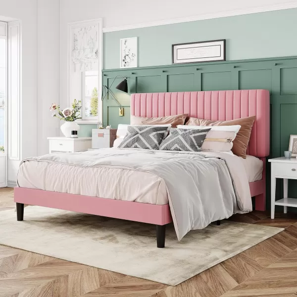 Allewie Queen Bed Frame Velvet Upholstered Platform Bed with Adjustable Vertical Channel Tufted Headboard Mattress Foundation with Strong Wooden Slats Box Spring Optional Easy Assembly GreyPink