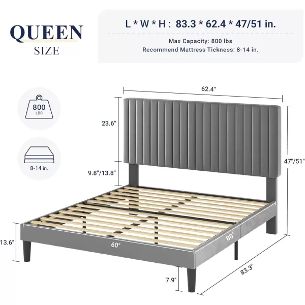 Allewie Queen Bed Frame Velvet Upholstered Platform Bed with Adjustable Vertical Channel Tufted Headboard Mattress Foundation with Strong Wooden Slats Box Spring Optional Easy Assembly GreyGrey