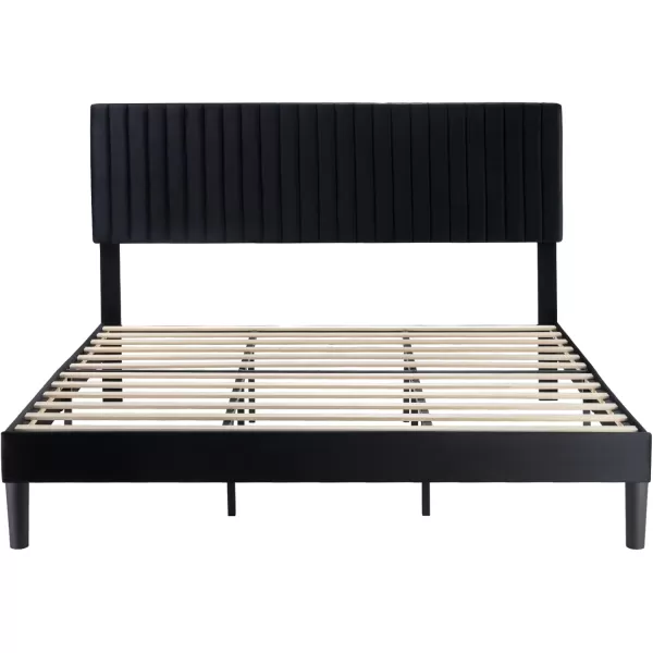 Allewie Queen Bed Frame Velvet Upholstered Platform Bed with Adjustable Vertical Channel Tufted Headboard Mattress Foundation with Strong Wooden Slats Box Spring Optional Easy Assembly GreyBlack