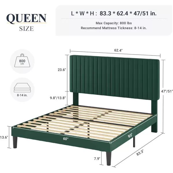 Allewie Queen Bed Frame Velvet Upholstered Platform Bed with Adjustable Vertical Channel Tufted Headboard Mattress Foundation with Strong Wooden Slats Box Spring Optional Easy Assembly GreyGreen