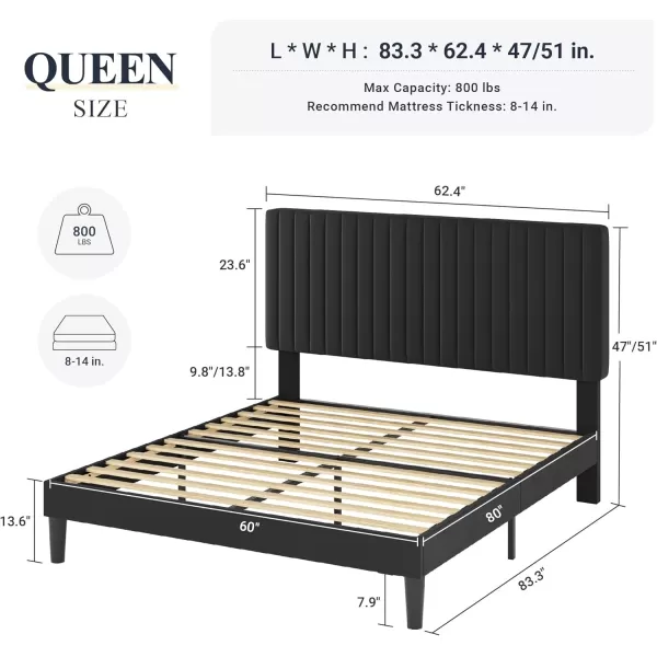 Allewie Queen Bed Frame Velvet Upholstered Platform Bed with Adjustable Vertical Channel Tufted Headboard Mattress Foundation with Strong Wooden Slats Box Spring Optional Easy Assembly GreyBlack