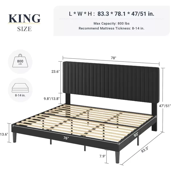 Allewie Queen Bed Frame Velvet Upholstered Platform Bed with Adjustable Vertical Channel Tufted Headboard Mattress Foundation with Strong Wooden Slats Box Spring Optional Easy Assembly GreyBlack