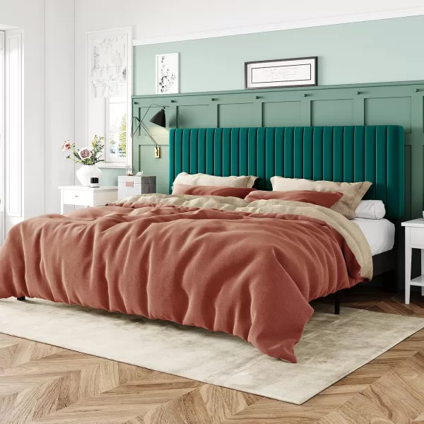 Allewie Queen Bed Frame Velvet Upholstered Platform Bed with Adjustable Vertical Channel Tufted Headboard Mattress Foundation with Strong Wooden Slats Box Spring Optional Easy Assembly GreyTeal