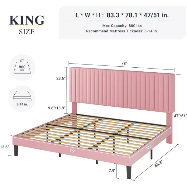 Allewie Queen Bed Frame Velvet Upholstered Platform Bed with Adjustable Vertical Channel Tufted Headboard Mattress Foundation with Strong Wooden Slats Box Spring Optional Easy Assembly GreyPink