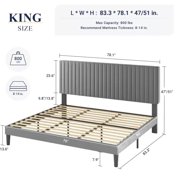 Allewie Queen Bed Frame Velvet Upholstered Platform Bed with Adjustable Vertical Channel Tufted Headboard Mattress Foundation with Strong Wooden Slats Box Spring Optional Easy Assembly GreyGrey