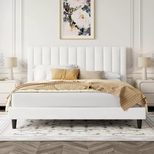 Allewie Queen Bed FrameVelvet Upholstered Bed Frame with Vertical Channel Tufted HeadboardStrong Wooden SlatsPlatform Bed FrameMattress FoundationBox Spring OptionalEasy AssemblyWhiteWhite