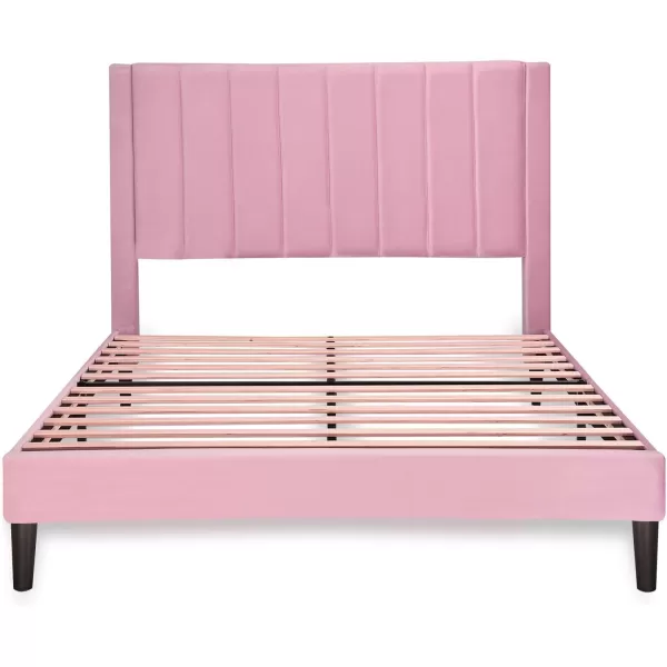 Allewie Queen Bed FrameVelvet Upholstered Bed Frame with Vertical Channel Tufted HeadboardStrong Wooden SlatsPlatform Bed FrameMattress FoundationBox Spring OptionalEasy AssemblyWhitePink