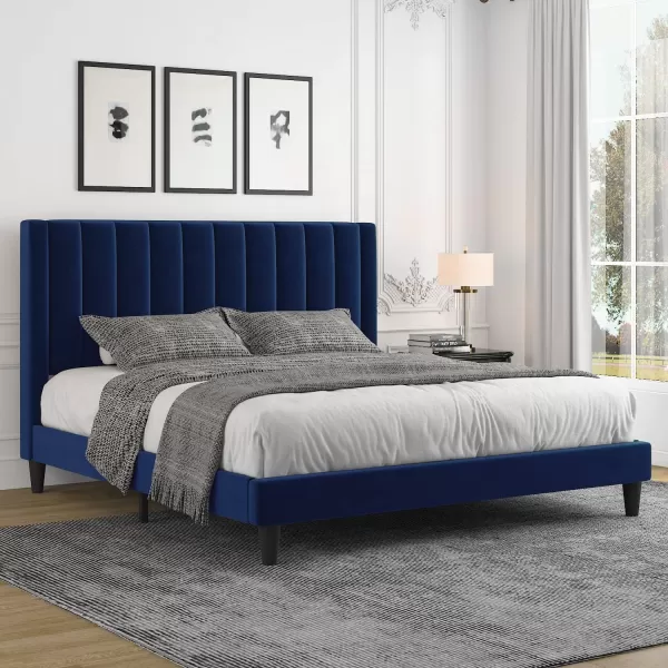 Allewie Queen Bed FrameVelvet Upholstered Bed Frame with Vertical Channel Tufted HeadboardStrong Wooden SlatsPlatform Bed FrameMattress FoundationBox Spring OptionalEasy AssemblyWhiteBlue