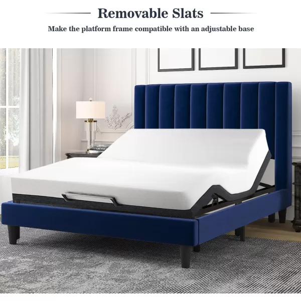 Allewie Queen Bed FrameVelvet Upholstered Bed Frame with Vertical Channel Tufted HeadboardStrong Wooden SlatsPlatform Bed FrameMattress FoundationBox Spring OptionalEasy AssemblyWhiteBlue