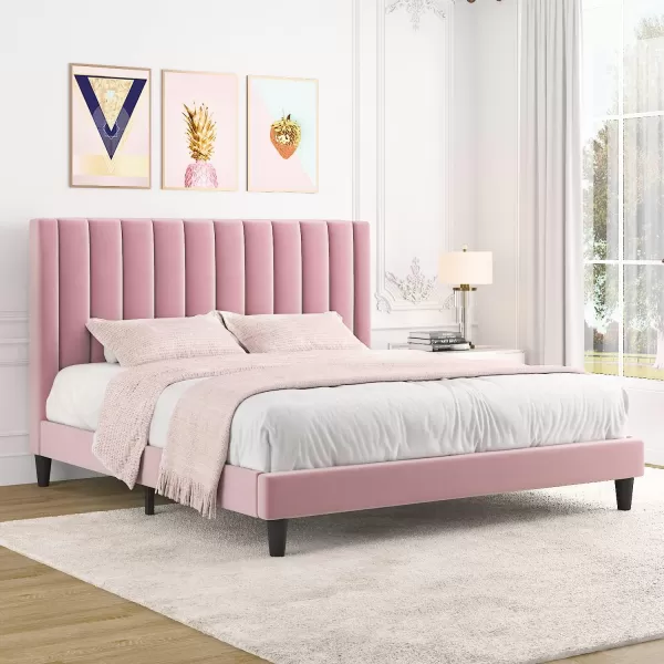 Allewie Queen Bed FrameVelvet Upholstered Bed Frame with Vertical Channel Tufted HeadboardStrong Wooden SlatsPlatform Bed FrameMattress FoundationBox Spring OptionalEasy AssemblyWhitePink