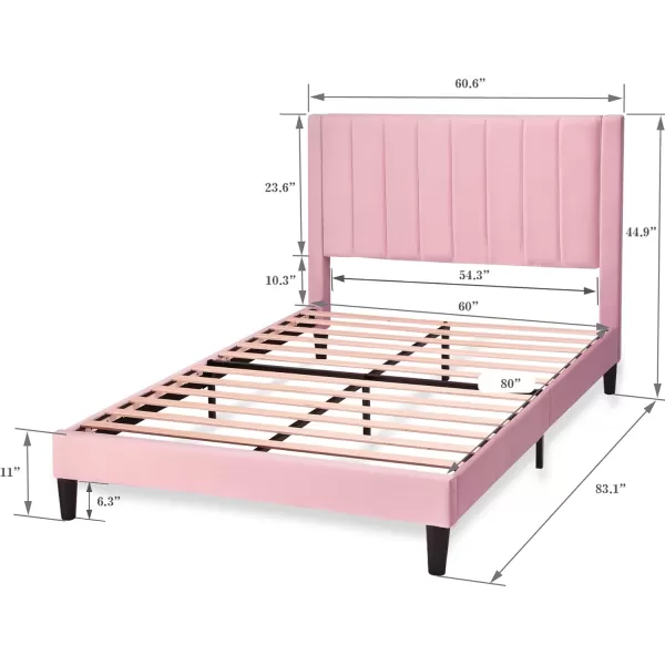 Allewie Queen Bed FrameVelvet Upholstered Bed Frame with Vertical Channel Tufted HeadboardStrong Wooden SlatsPlatform Bed FrameMattress FoundationBox Spring OptionalEasy AssemblyWhitePink