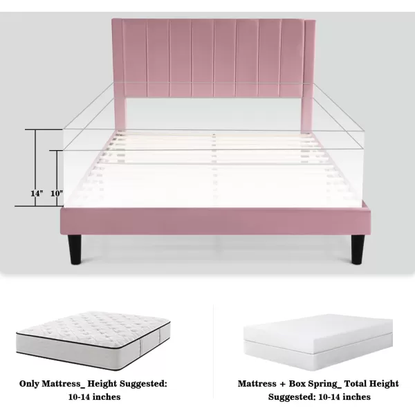 Allewie Queen Bed FrameVelvet Upholstered Bed Frame with Vertical Channel Tufted HeadboardStrong Wooden SlatsPlatform Bed FrameMattress FoundationBox Spring OptionalEasy AssemblyWhitePink