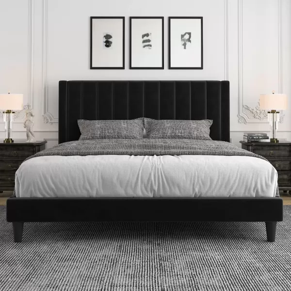 Allewie Queen Bed FrameVelvet Upholstered Bed Frame with Vertical Channel Tufted HeadboardStrong Wooden SlatsPlatform Bed FrameMattress FoundationBox Spring OptionalEasy AssemblyWhiteBlack