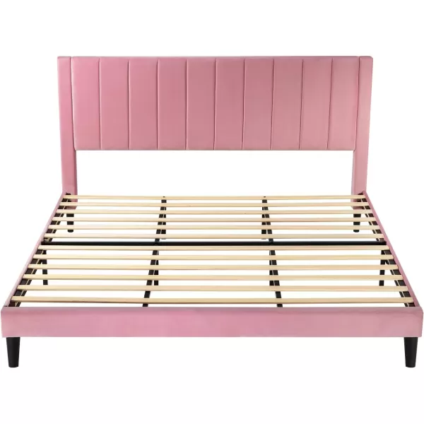 Allewie Queen Bed FrameVelvet Upholstered Bed Frame with Vertical Channel Tufted HeadboardStrong Wooden SlatsPlatform Bed FrameMattress FoundationBox Spring OptionalEasy AssemblyWhitePink