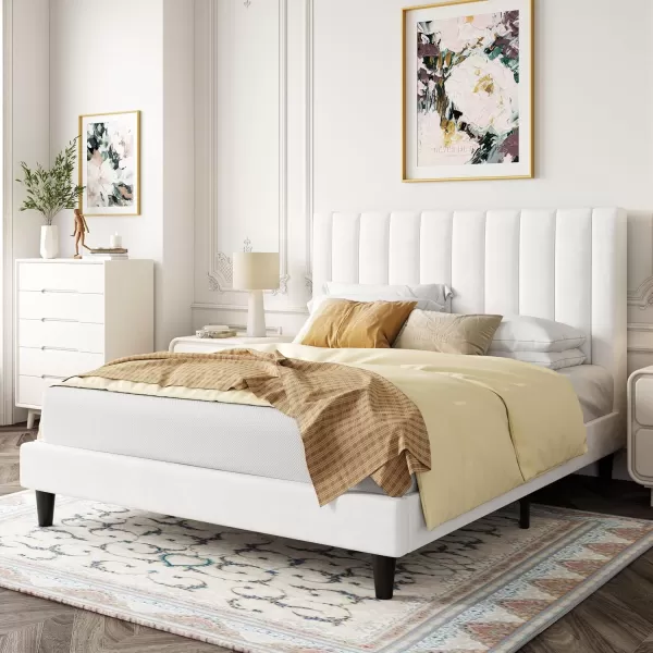 Allewie Queen Bed FrameVelvet Upholstered Bed Frame with Vertical Channel Tufted HeadboardStrong Wooden SlatsPlatform Bed FrameMattress FoundationBox Spring OptionalEasy AssemblyWhiteWhite