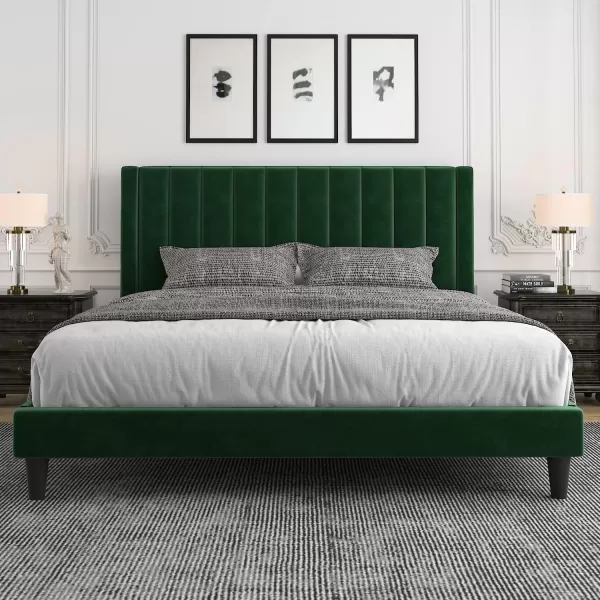 Allewie Queen Bed FrameVelvet Upholstered Bed Frame with Vertical Channel Tufted HeadboardStrong Wooden SlatsPlatform Bed FrameMattress FoundationBox Spring OptionalEasy AssemblyWhiteGreen