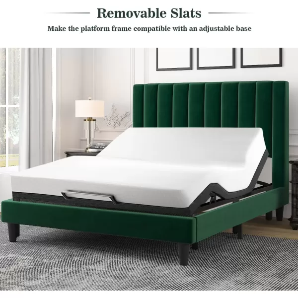 Allewie Queen Bed FrameVelvet Upholstered Bed Frame with Vertical Channel Tufted HeadboardStrong Wooden SlatsPlatform Bed FrameMattress FoundationBox Spring OptionalEasy AssemblyWhiteGreen