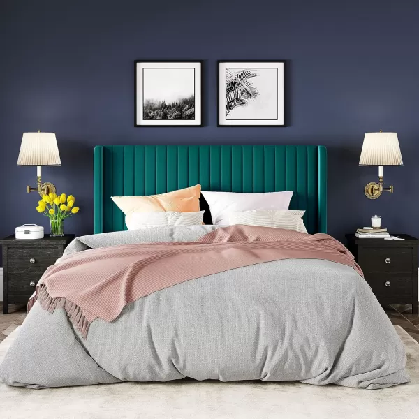 Allewie Queen Size Velvet Bed FrameVertical Channel Tufted Wingback HeadboardUpholstered Platform BedStrong Wooden SlatsNo Box Spring NeededEasy AssemblyGreyTeal