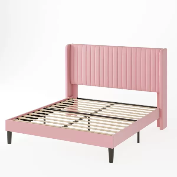 Allewie Queen Size Velvet Bed FrameVertical Channel Tufted Wingback HeadboardUpholstered Platform BedStrong Wooden SlatsNo Box Spring NeededEasy AssemblyGreyPink