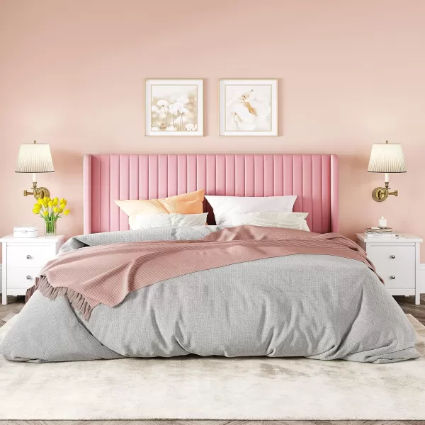 Allewie Queen Size Velvet Bed FrameVertical Channel Tufted Wingback HeadboardUpholstered Platform BedStrong Wooden SlatsNo Box Spring NeededEasy AssemblyGreyPink