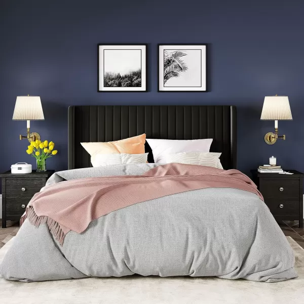 Allewie Queen Size Velvet Bed FrameVertical Channel Tufted Wingback HeadboardUpholstered Platform BedStrong Wooden SlatsNo Box Spring NeededEasy AssemblyGreyBlack