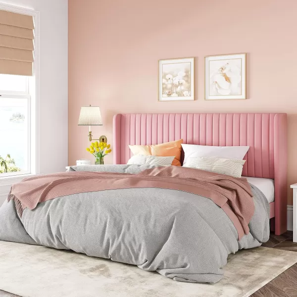 Allewie Queen Size Velvet Bed FrameVertical Channel Tufted Wingback HeadboardUpholstered Platform BedStrong Wooden SlatsNo Box Spring NeededEasy AssemblyGreyPink