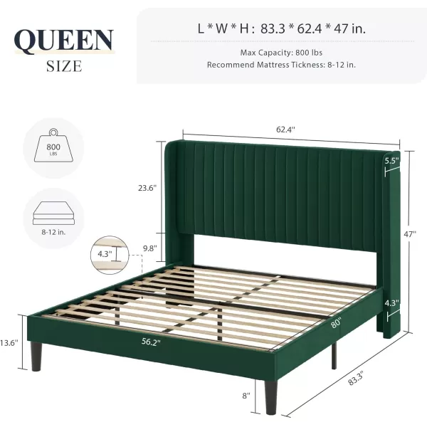 Allewie Queen Size Velvet Bed FrameVertical Channel Tufted Wingback HeadboardUpholstered Platform BedStrong Wooden SlatsNo Box Spring NeededEasy AssemblyGreyGreen