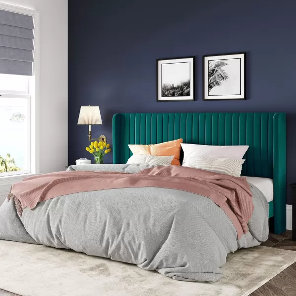 Allewie Queen Size Velvet Bed FrameVertical Channel Tufted Wingback HeadboardUpholstered Platform BedStrong Wooden SlatsNo Box Spring NeededEasy AssemblyGreyTeal