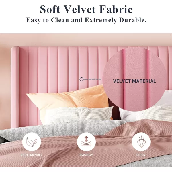 Allewie Queen Size Velvet Bed FrameVertical Channel Tufted Wingback HeadboardUpholstered Platform BedStrong Wooden SlatsNo Box Spring NeededEasy AssemblyGreyPink