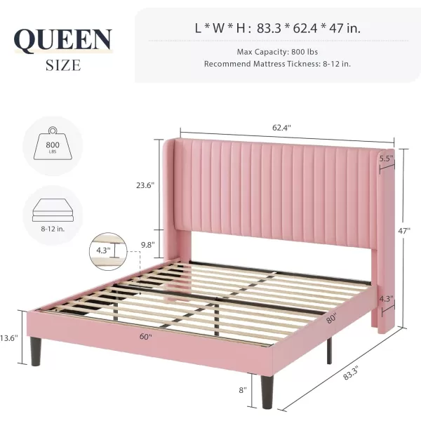 Allewie Queen Size Velvet Bed FrameVertical Channel Tufted Wingback HeadboardUpholstered Platform BedStrong Wooden SlatsNo Box Spring NeededEasy AssemblyGreyPink