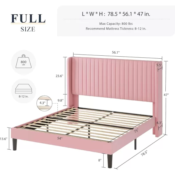 Allewie Queen Size Velvet Bed FrameVertical Channel Tufted Wingback HeadboardUpholstered Platform BedStrong Wooden SlatsNo Box Spring NeededEasy AssemblyGreyPink