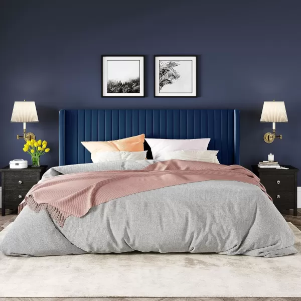 Allewie Queen Size Velvet Bed FrameVertical Channel Tufted Wingback HeadboardUpholstered Platform BedStrong Wooden SlatsNo Box Spring NeededEasy AssemblyGreyBlue