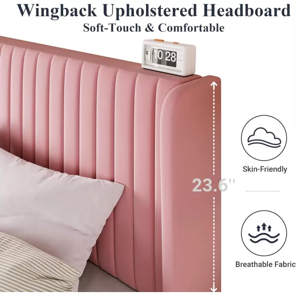 Allewie Queen Size Velvet Bed FrameVertical Channel Tufted Wingback HeadboardUpholstered Platform BedStrong Wooden SlatsNo Box Spring NeededEasy AssemblyGreyPink