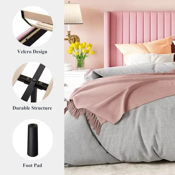 Allewie Queen Size Velvet Bed FrameVertical Channel Tufted Wingback HeadboardUpholstered Platform BedStrong Wooden SlatsNo Box Spring NeededEasy AssemblyGreyPink