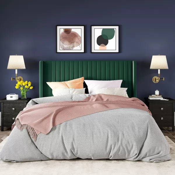 Allewie Queen Size Velvet Bed FrameVertical Channel Tufted Wingback HeadboardUpholstered Platform BedStrong Wooden SlatsNo Box Spring NeededEasy AssemblyGreyGreen