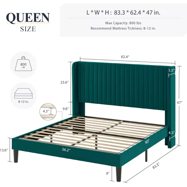 Allewie Queen Size Velvet Bed FrameVertical Channel Tufted Wingback HeadboardUpholstered Platform BedStrong Wooden SlatsNo Box Spring NeededEasy AssemblyGreyTeal