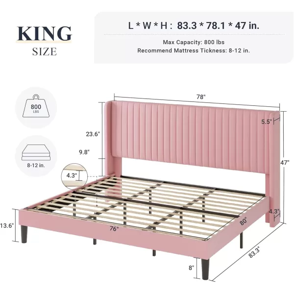 Allewie Queen Size Velvet Bed FrameVertical Channel Tufted Wingback HeadboardUpholstered Platform BedStrong Wooden SlatsNo Box Spring NeededEasy AssemblyGreyPink